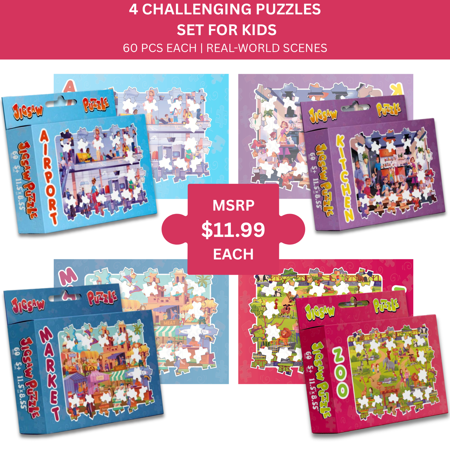 Educational Puzzles for Kids | 60 Pieces | Set of 8